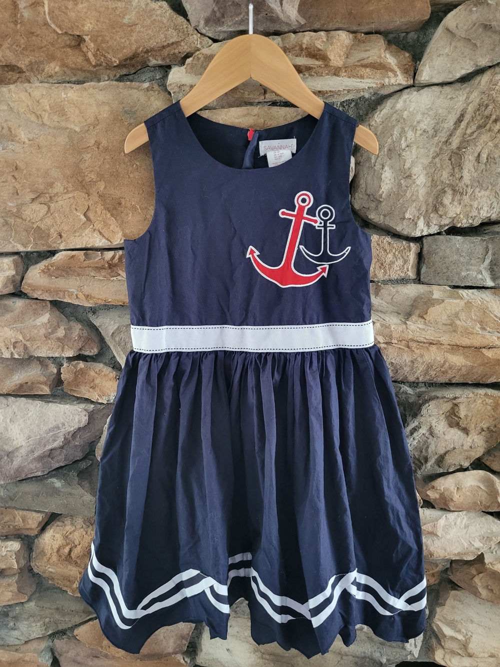 Savannah Navy Kids Dress with Red & White Anchor Appliqué 6x Nautical Sailor